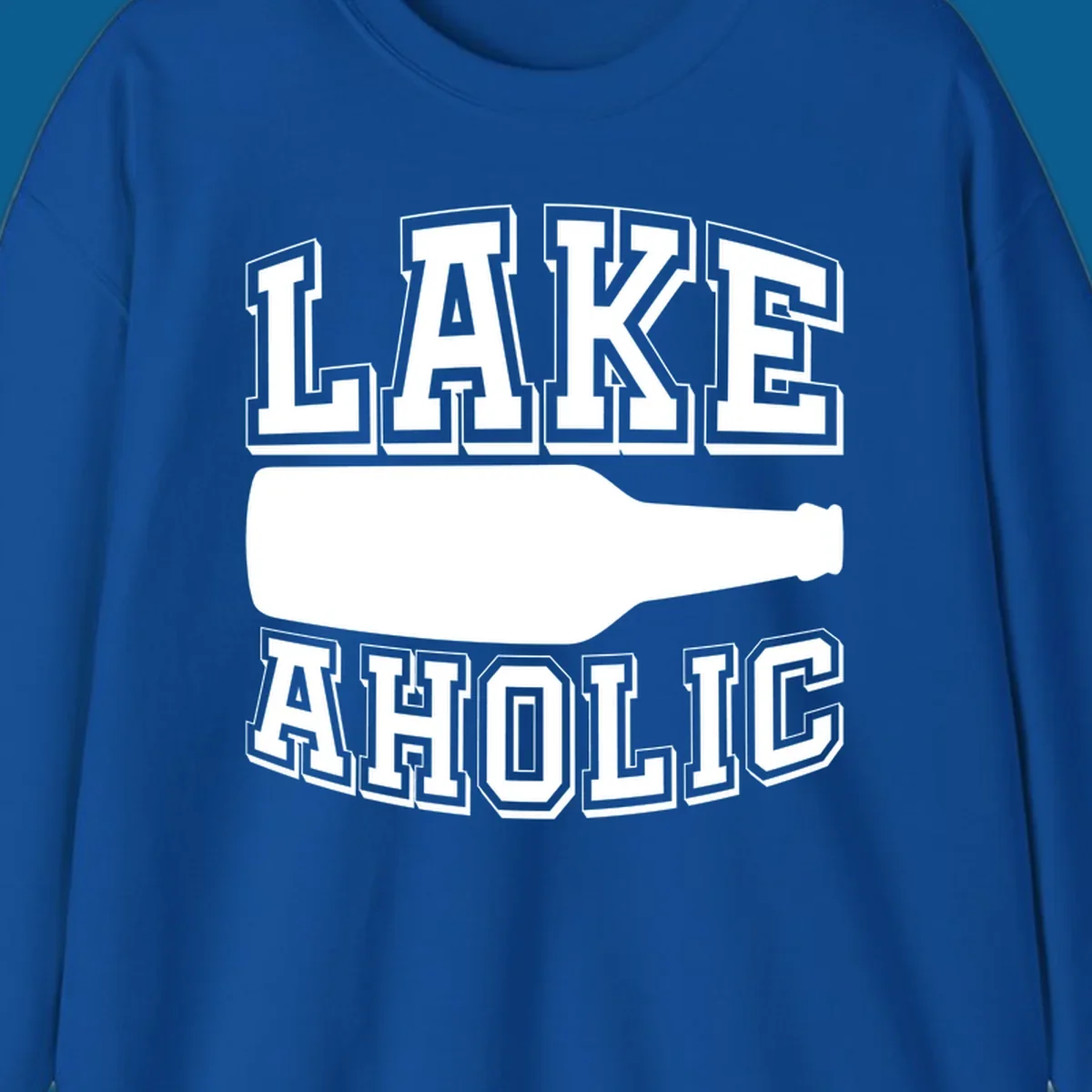 Lakeaholic bottle design with bold text and bottle silhouette.