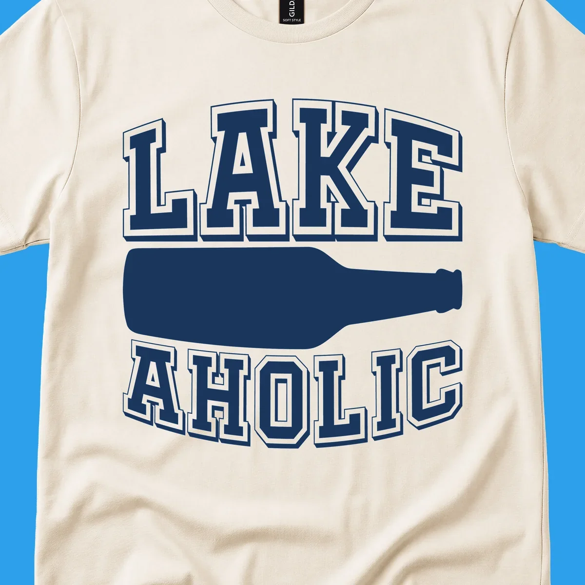 Lakeaholic bottle design with bold text and bottle silhouette.