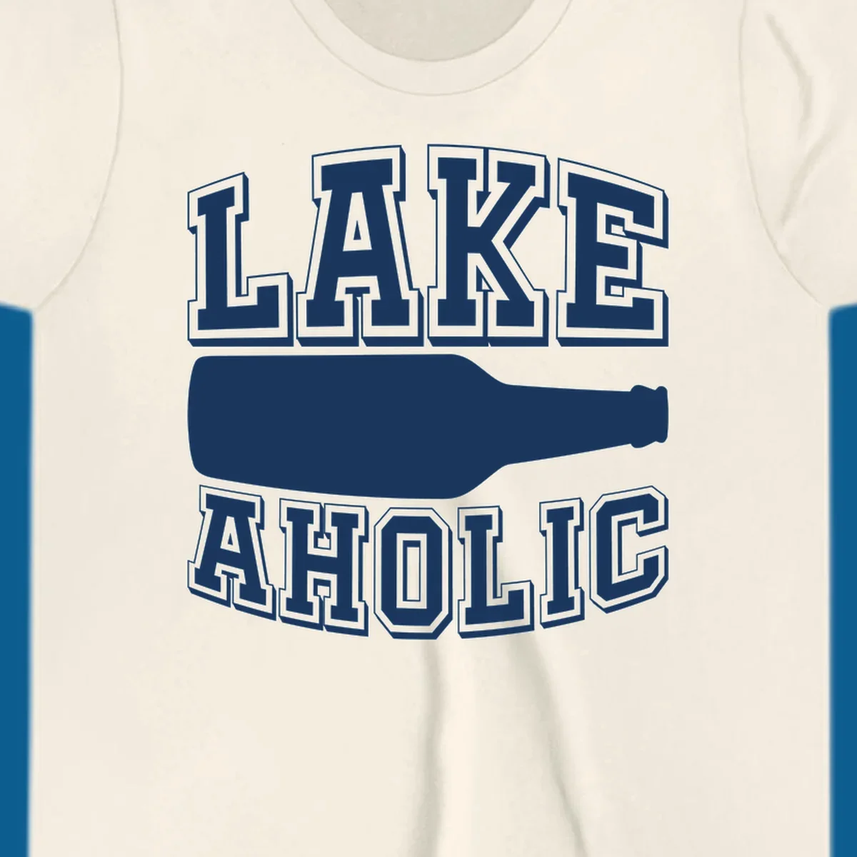 Lakeaholic bottle design with bold text and bottle silhouette.