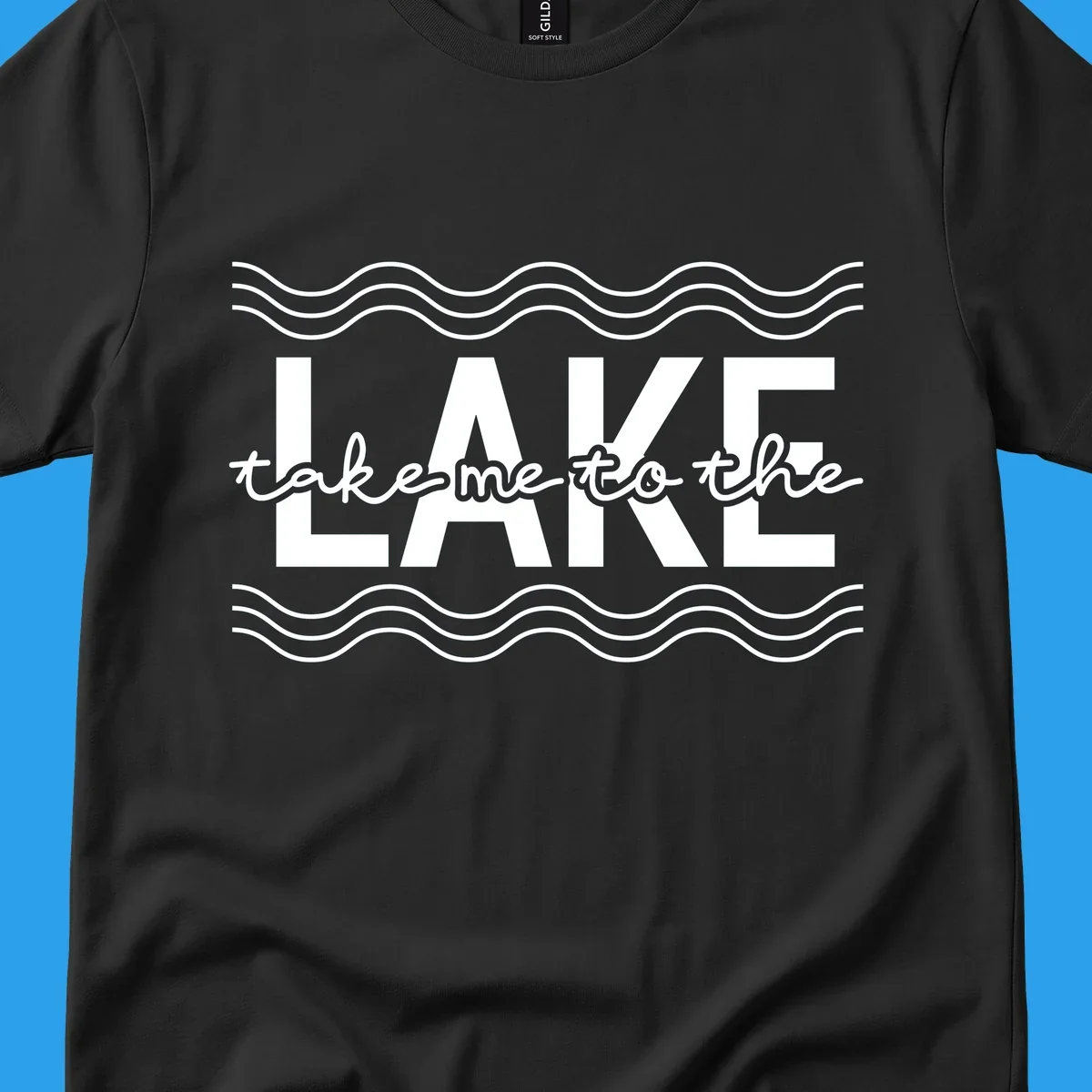 Lake life typography design with text 'take me to the LAKE' and wavy lines.