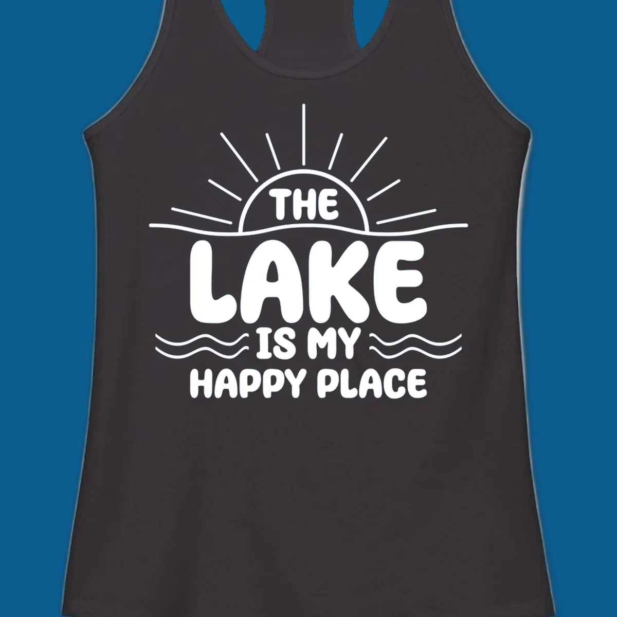 Text art for lake happy place with sun and waves.