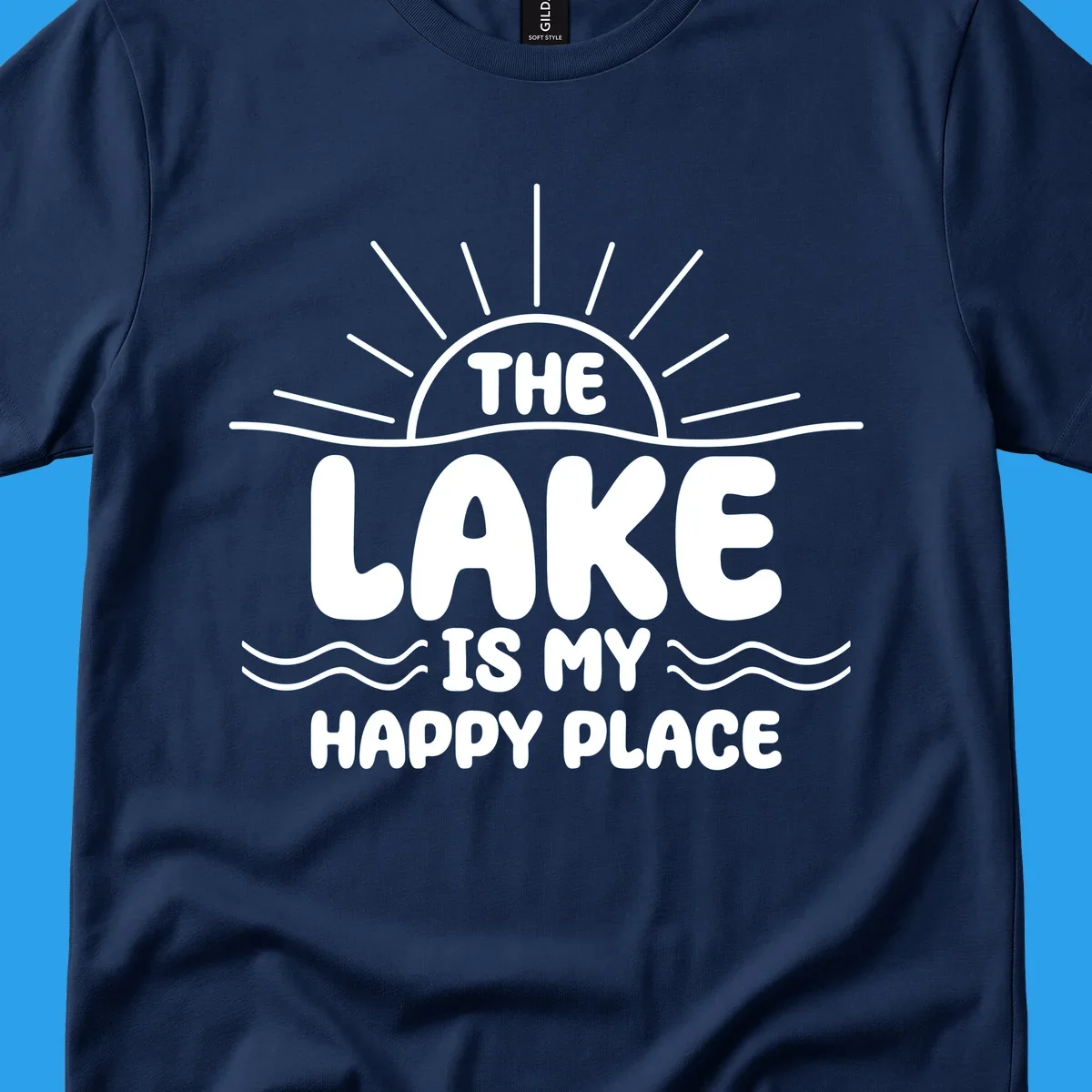 Text art for lake happy place with sun and waves.