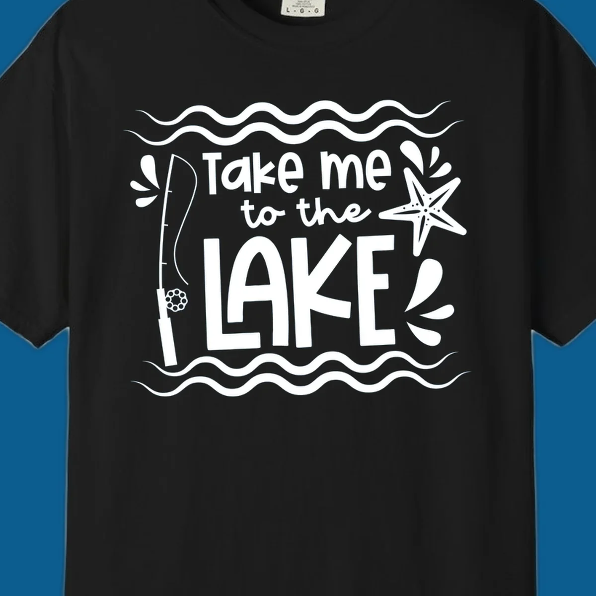 Take me to the lake life vibes design with fishing rod, starfish, and waves.