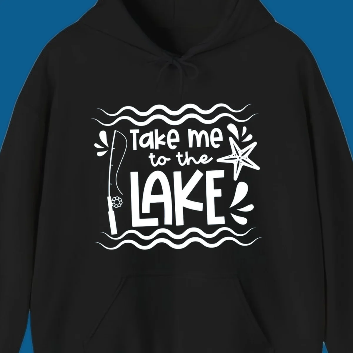 Take me to the lake life vibes design with fishing rod, starfish, and waves.