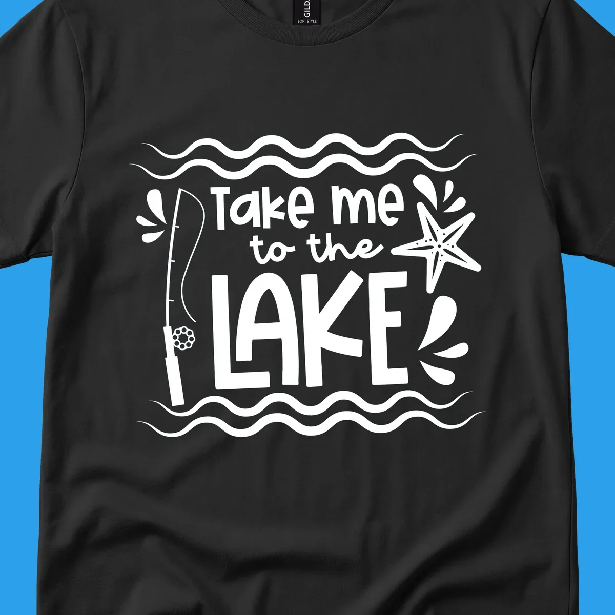 Take me to the lake life vibes design with fishing rod, starfish, and waves.