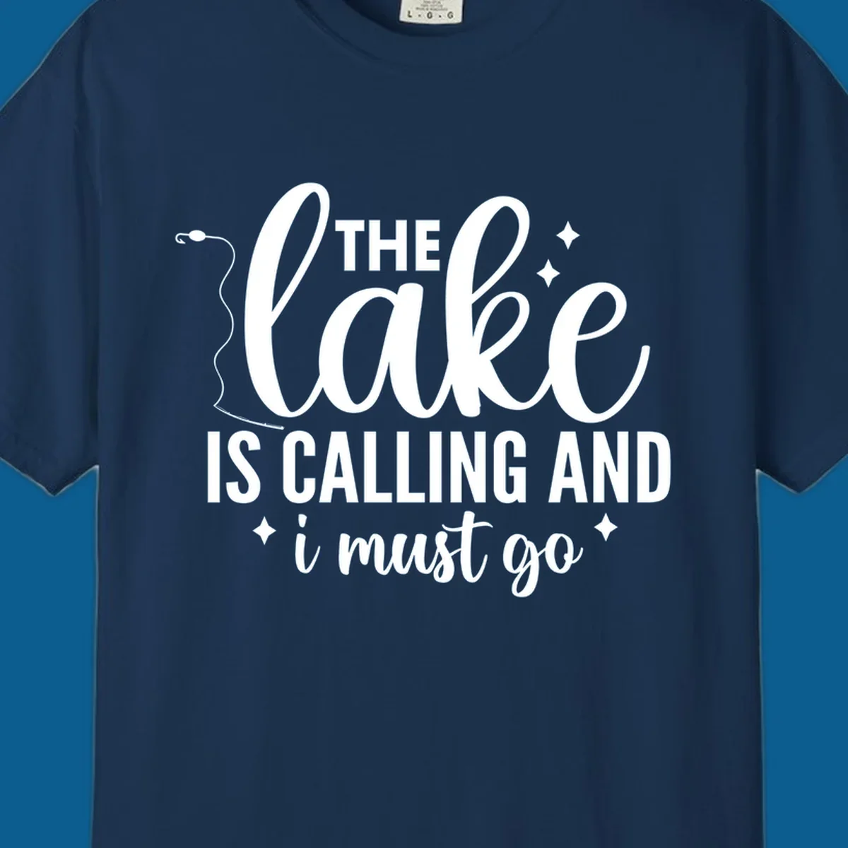 The lake is calling and I must go design with fishing rod and stars.