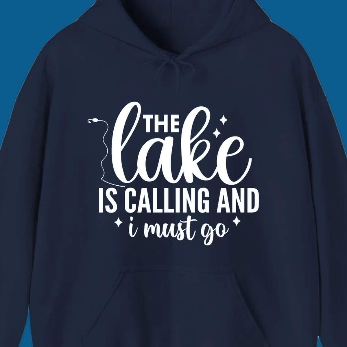 The lake is calling and I must go design with fishing rod and stars.