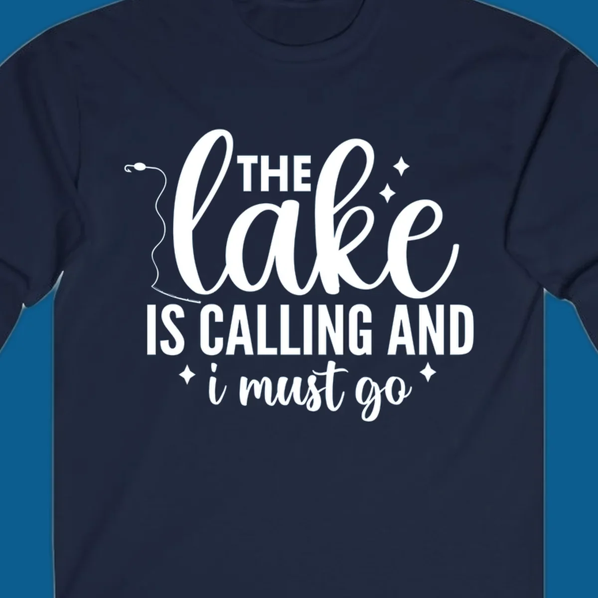 The lake is calling and I must go design with fishing rod and stars.