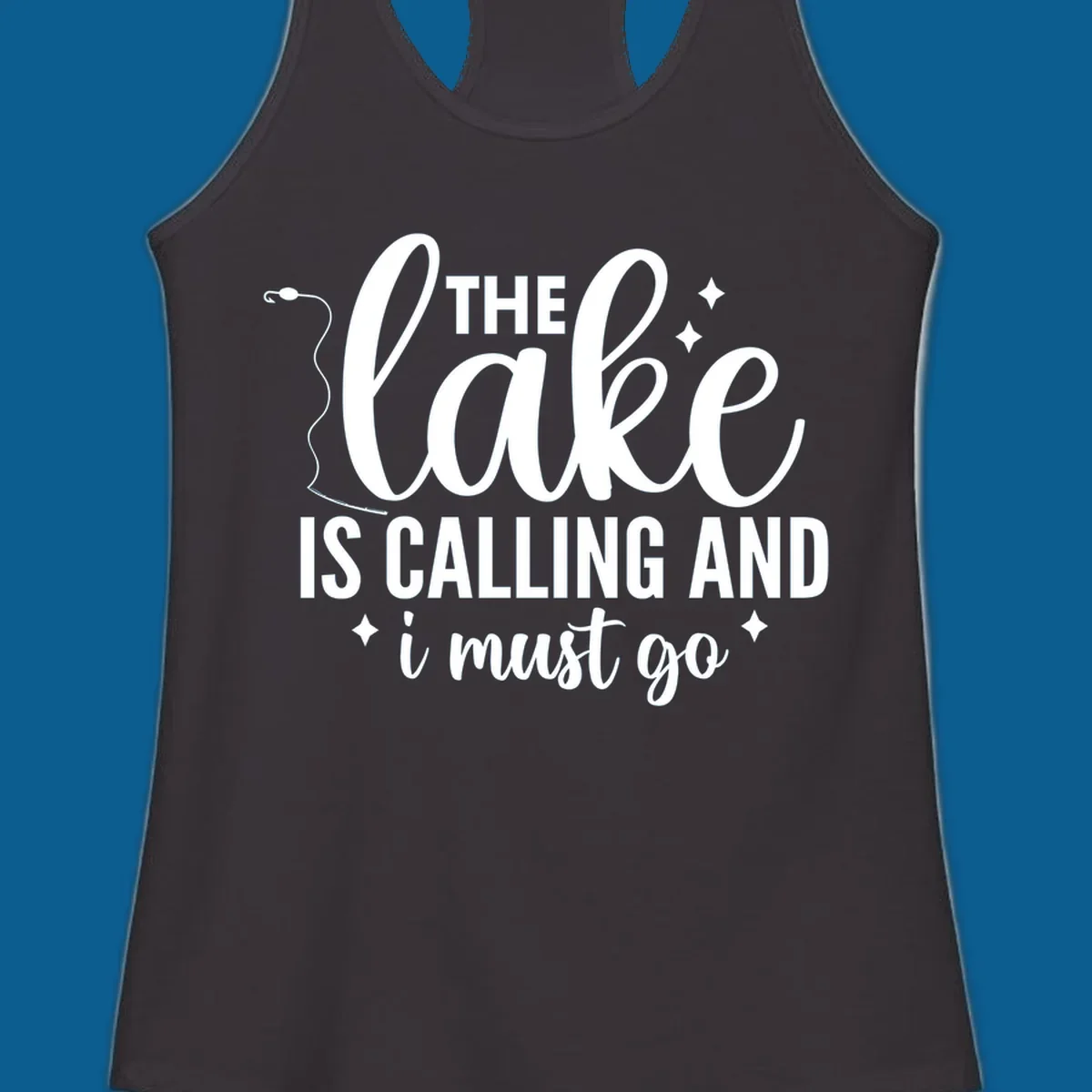 The lake is calling and I must go design with fishing rod and stars.