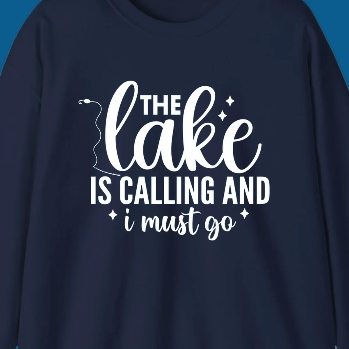 The lake is calling and I must go design with fishing rod and stars.