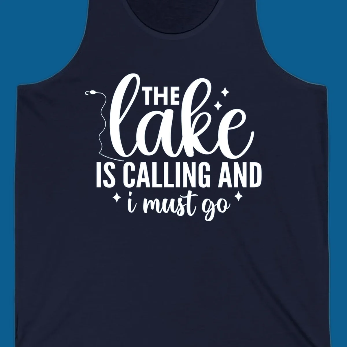 The lake is calling and I must go design with fishing rod and stars.