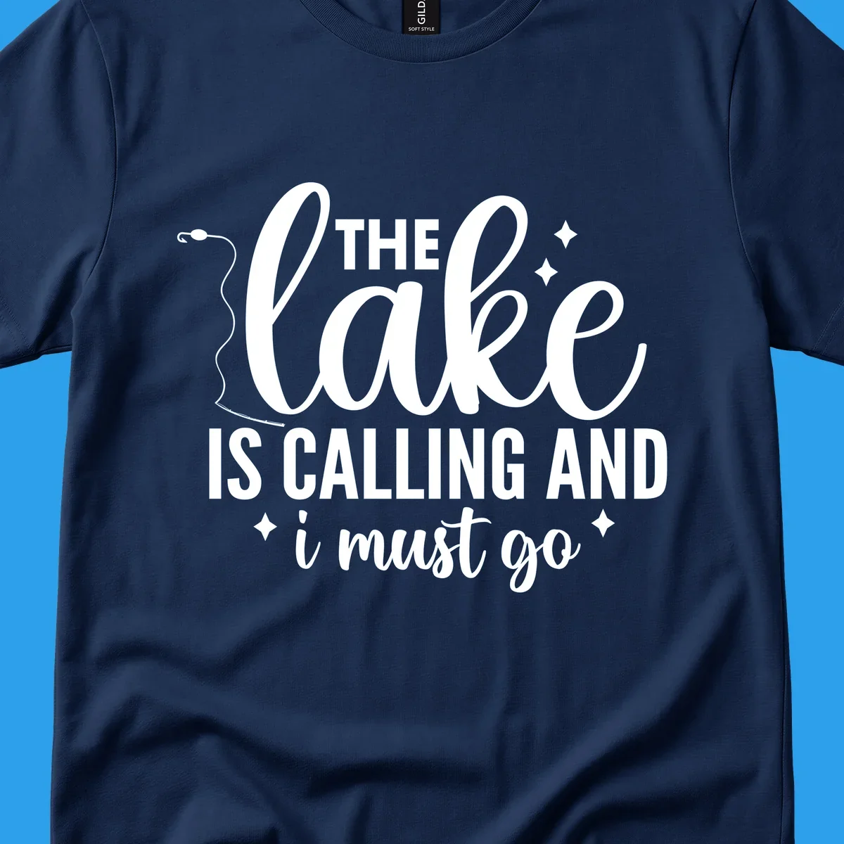 The lake is calling and I must go design with fishing rod and stars.