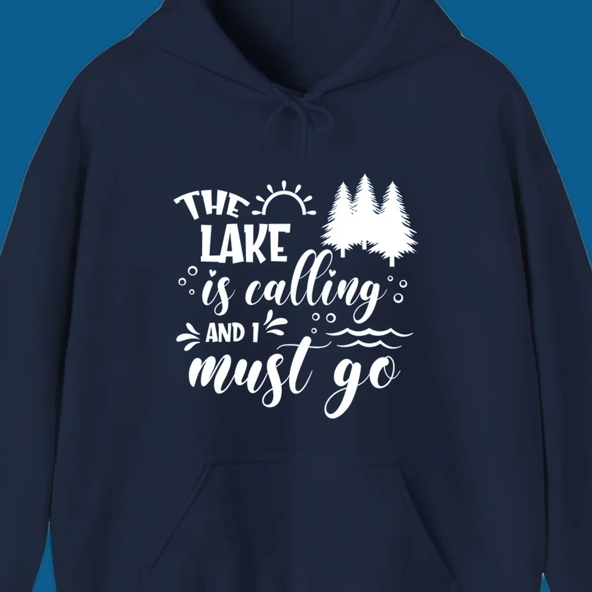 Typography design with 'The Lake Is Calling And I Must Go' phrase and nature elements, for lake life enthusiasts.