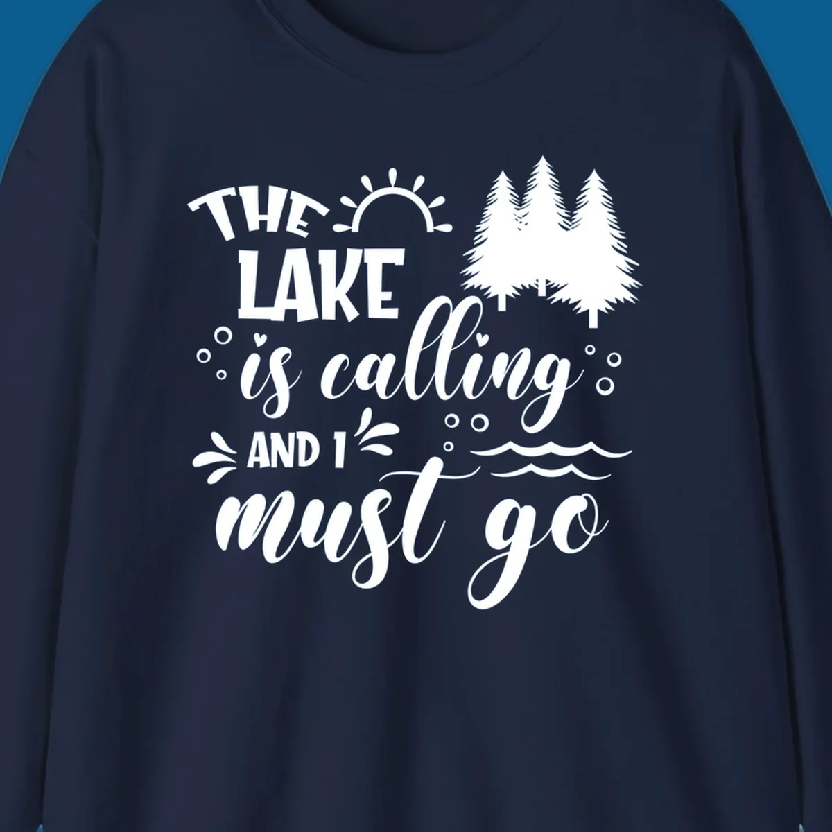 Typography design with 'The Lake Is Calling And I Must Go' phrase and nature elements, for lake life enthusiasts.