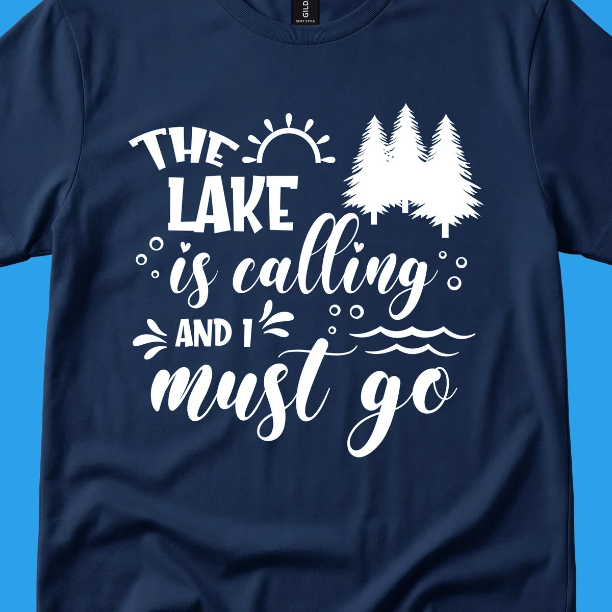 Typography design with 'The Lake Is Calling And I Must Go' phrase and nature elements, for lake life enthusiasts.