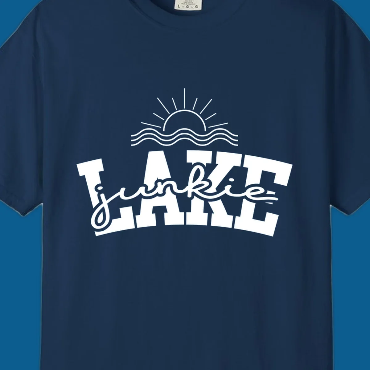 Lake Junkie graphic with sun and waves over text, for lake enthusiasts.