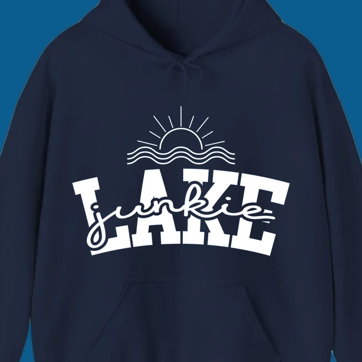 Lake Junkie graphic with sun and waves over text, for lake enthusiasts.