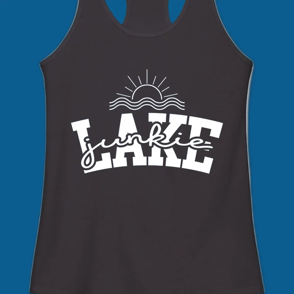 Lake Junkie graphic with sun and waves over text, for lake enthusiasts.