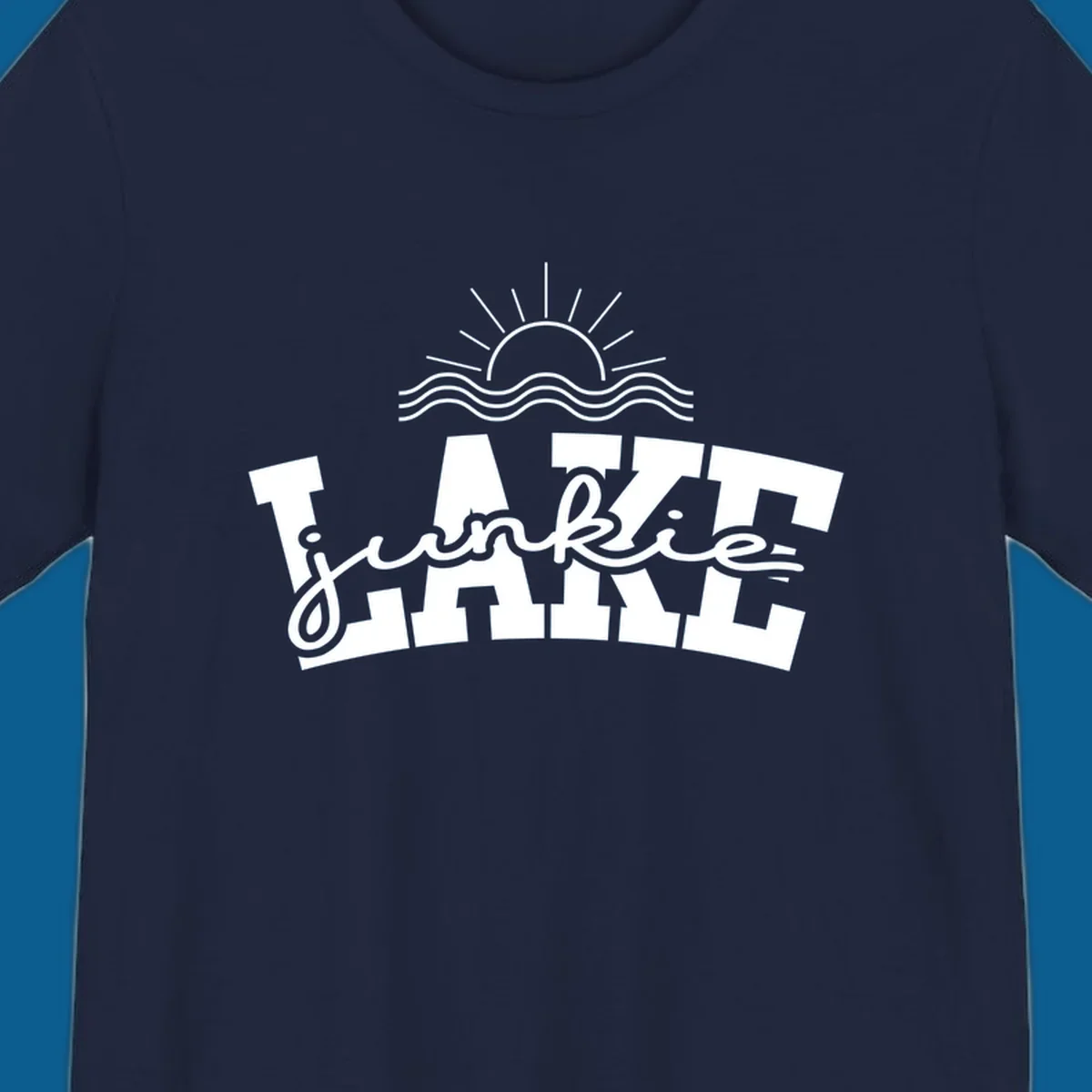 Lake Junkie graphic with sun and waves over text, for lake enthusiasts.