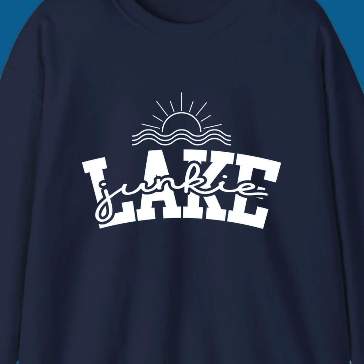 Lake Junkie graphic with sun and waves over text, for lake enthusiasts.
