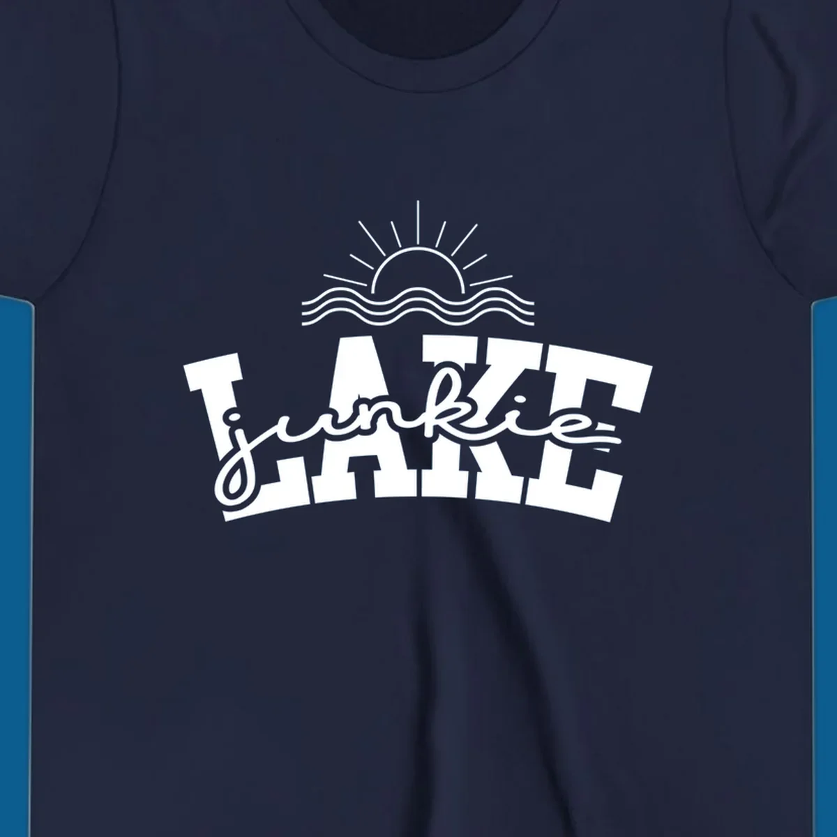 Lake Junkie graphic with sun and waves over text, for lake enthusiasts.