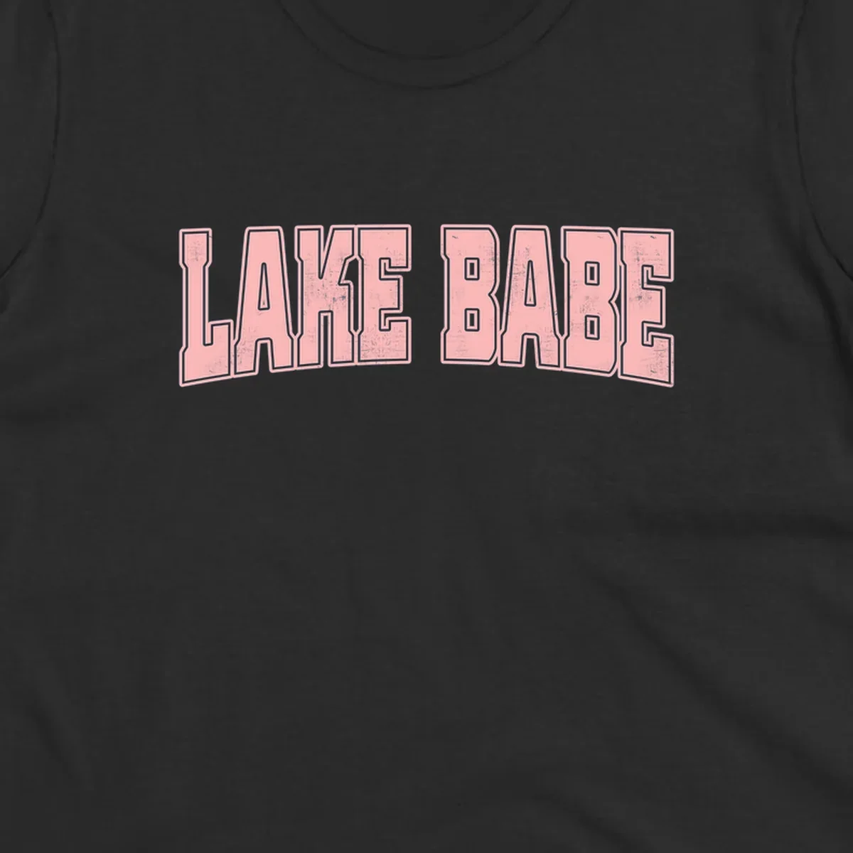 Lake Babe text design in pink with distressed texture and black outline.