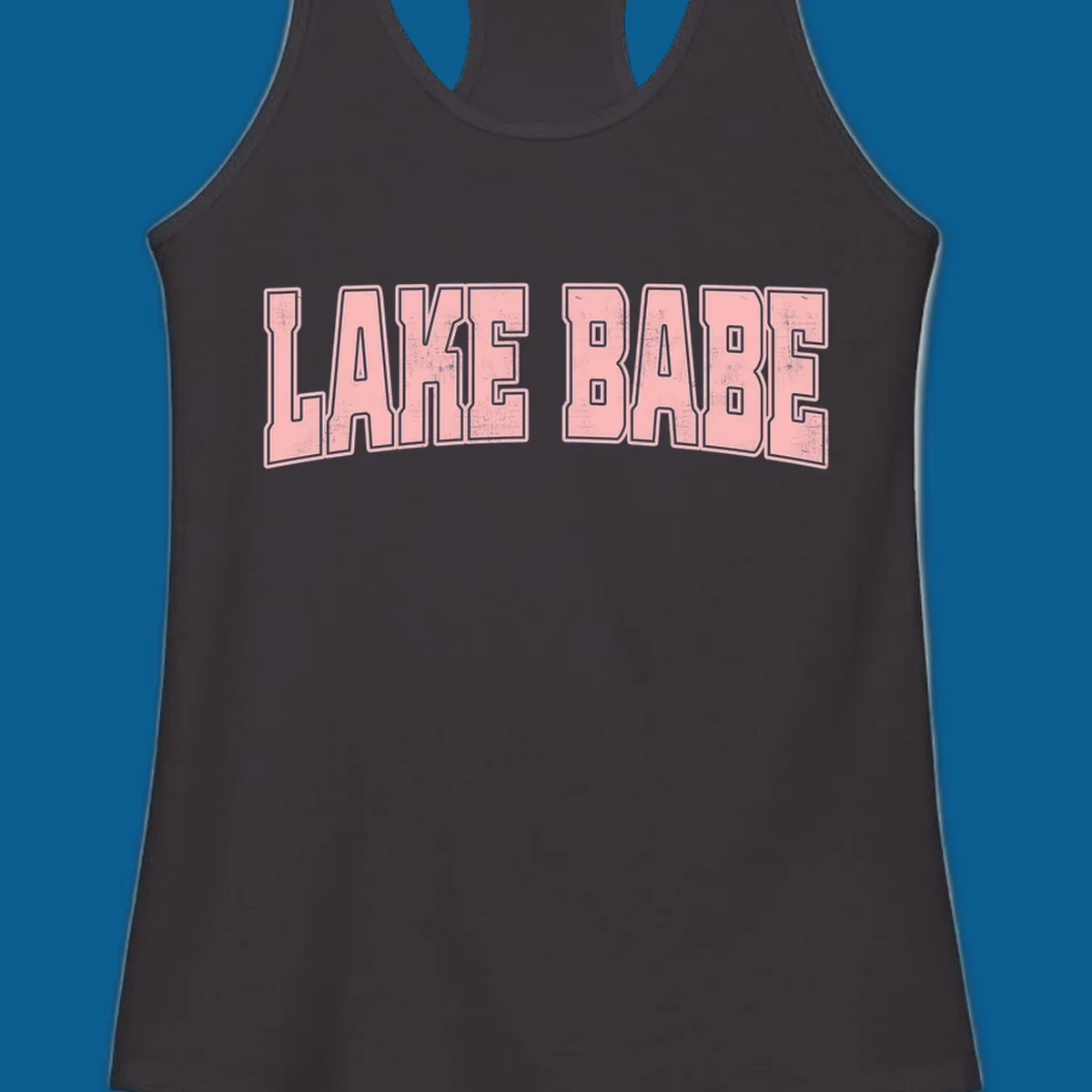 Lake Babe text design in pink with distressed texture and black outline.