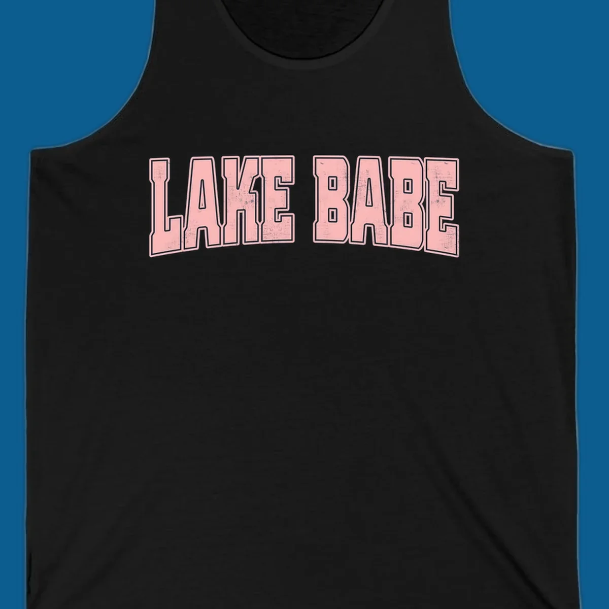 Lake Babe text design in pink with distressed texture and black outline.