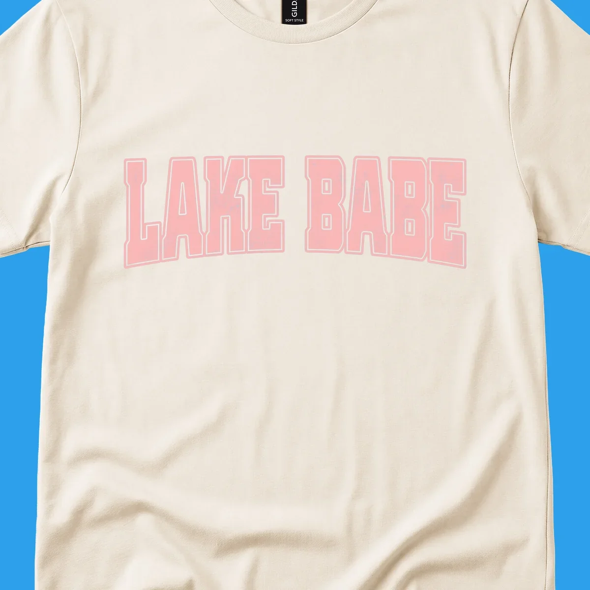 Lake Babe text design in pink with distressed texture and black outline.