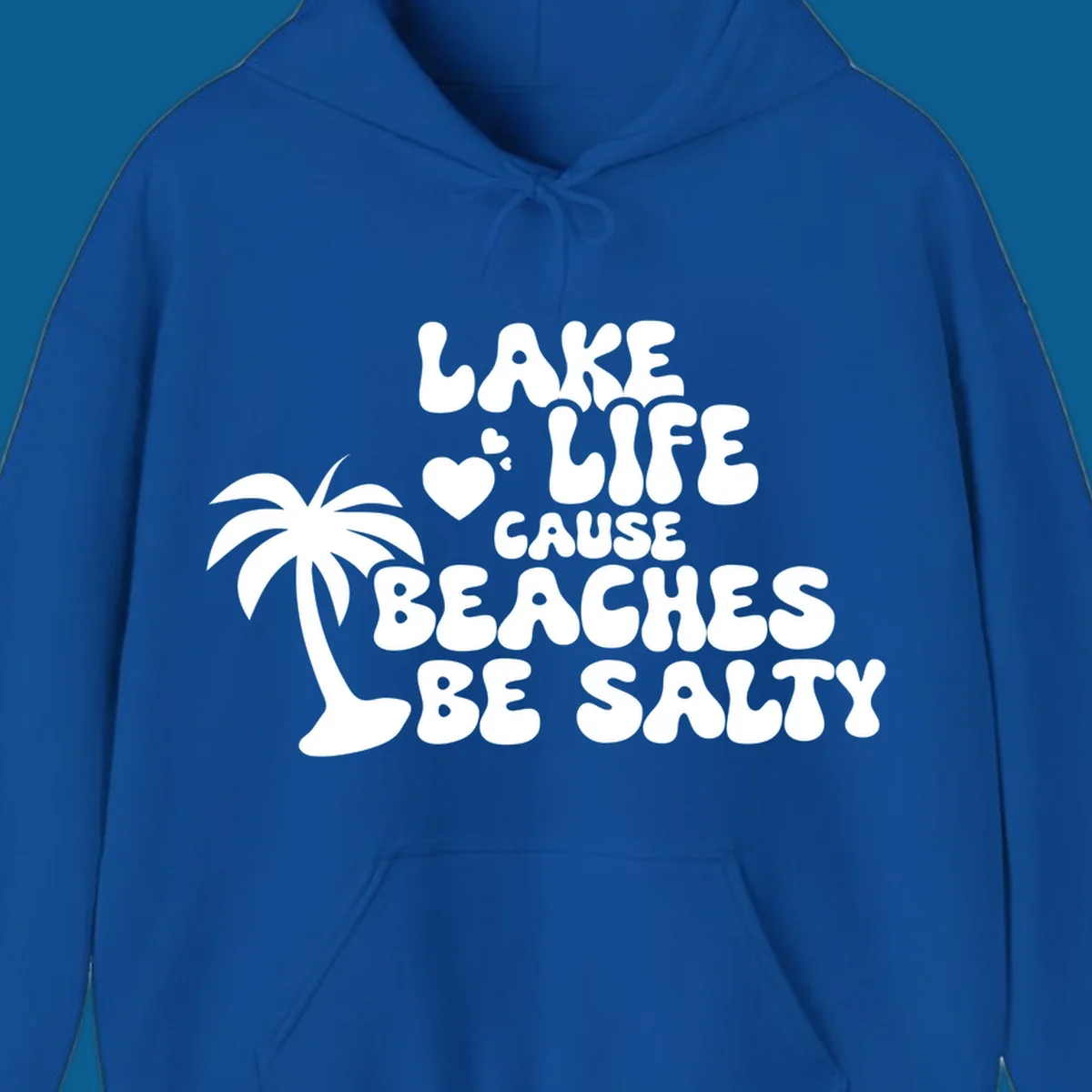 Lake life cause beaches be salty text with palm tree and hearts.