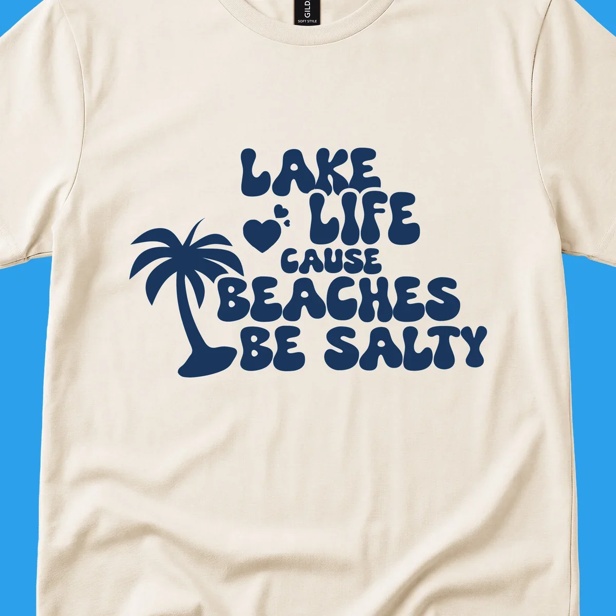 Lake life cause beaches be salty text with palm tree and hearts.