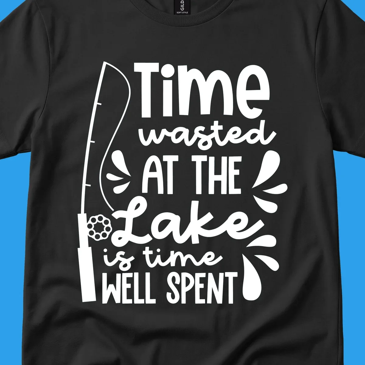 Lake life fishing quote design with fishing rod and text.