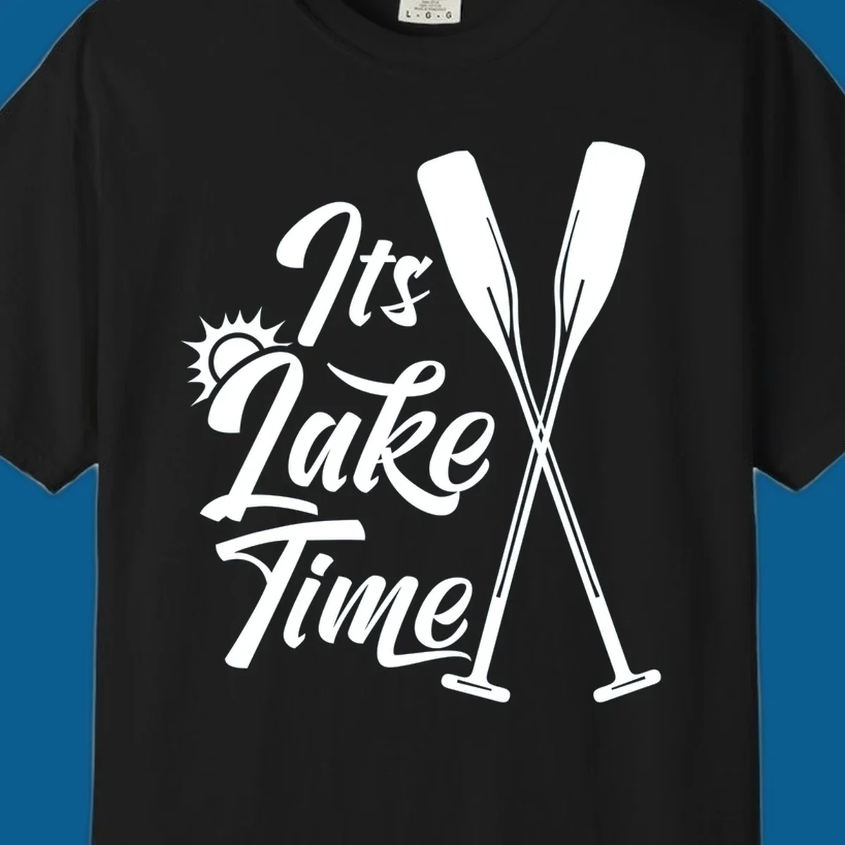 It's Lake Time text with sun and oars graphic