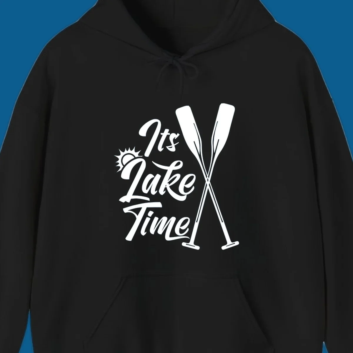 It's Lake Time text with sun and oars graphic