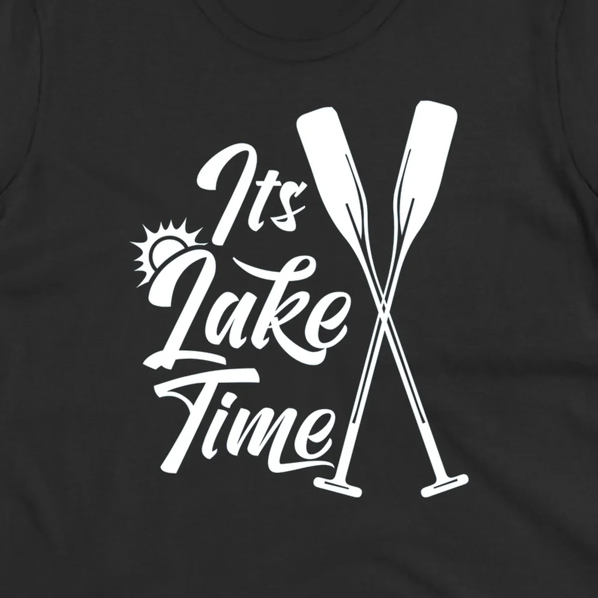It's Lake Time text with sun and oars graphic