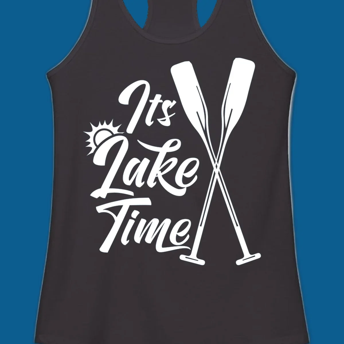 It's Lake Time text with sun and oars graphic