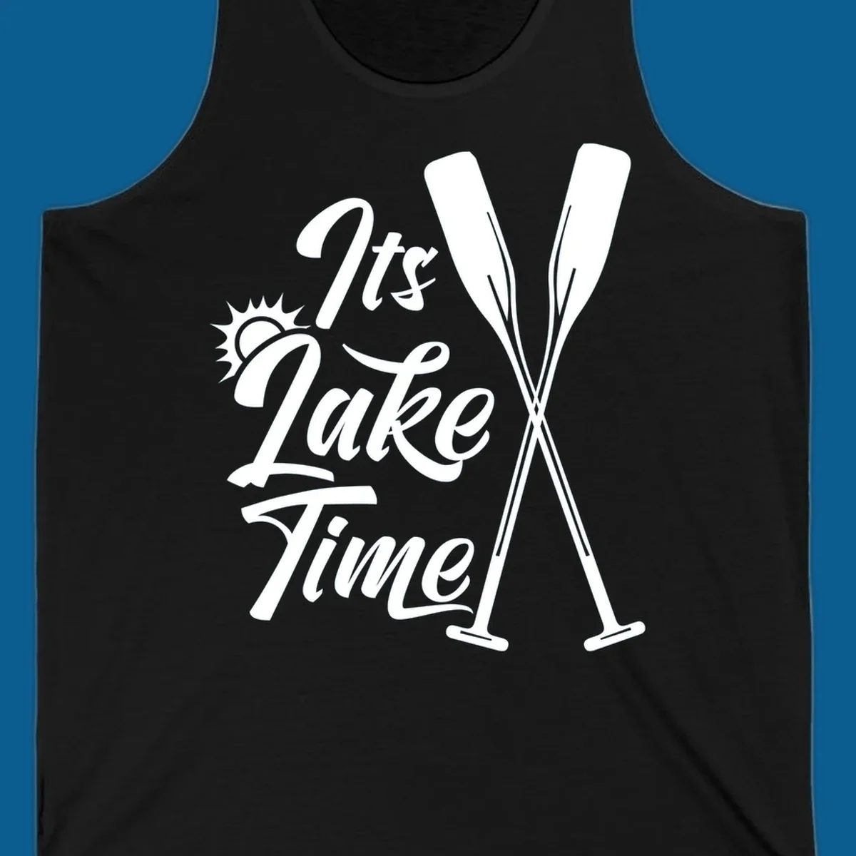 It's Lake Time text with sun and oars graphic