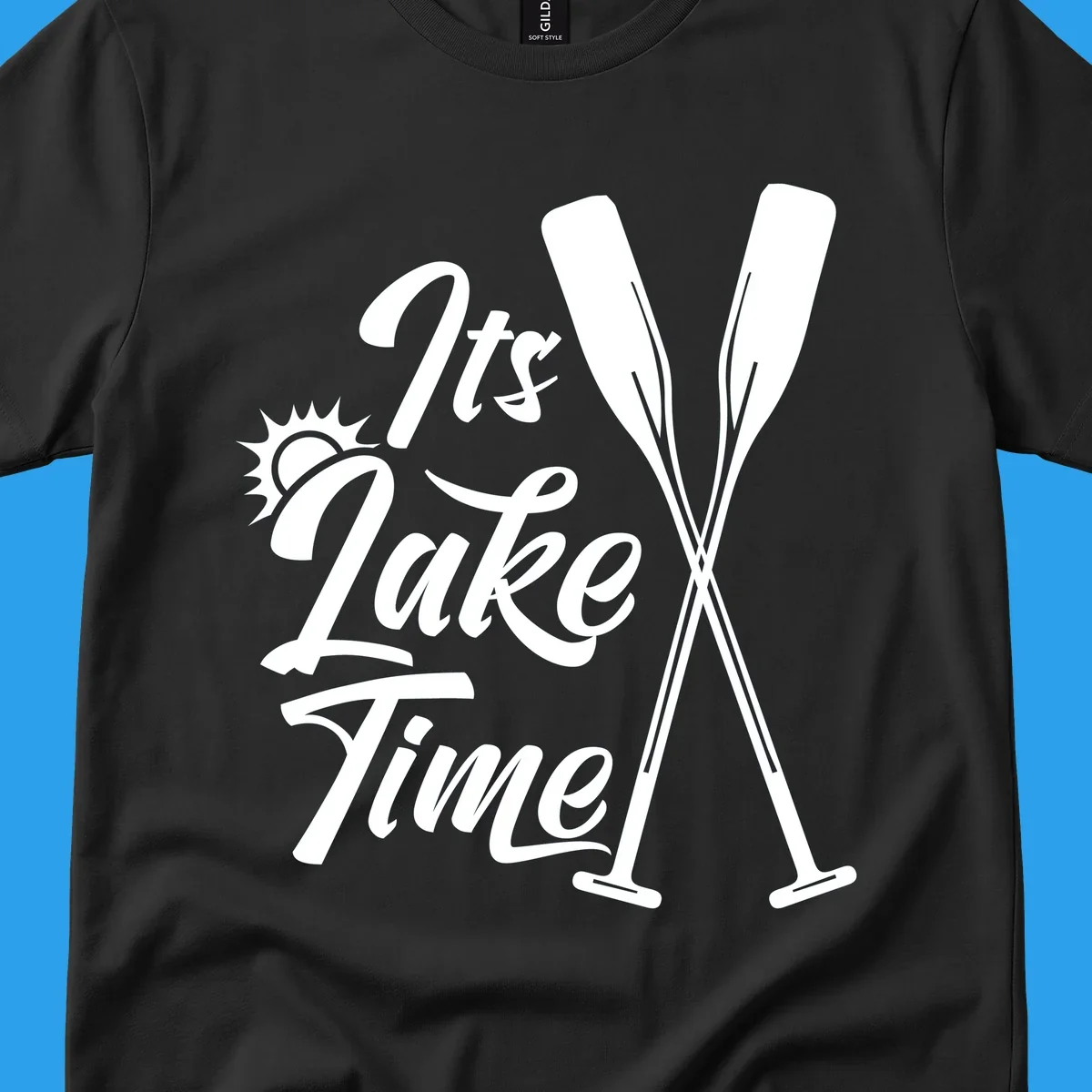 It's Lake Time text with sun and oars graphic