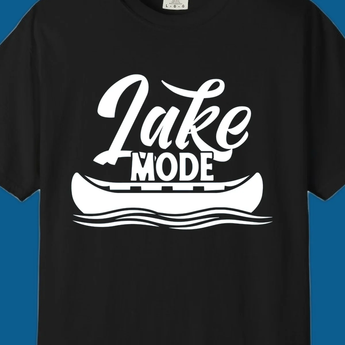 Lake Mode text with canoe and water waves graphic. lake-mode-canoe