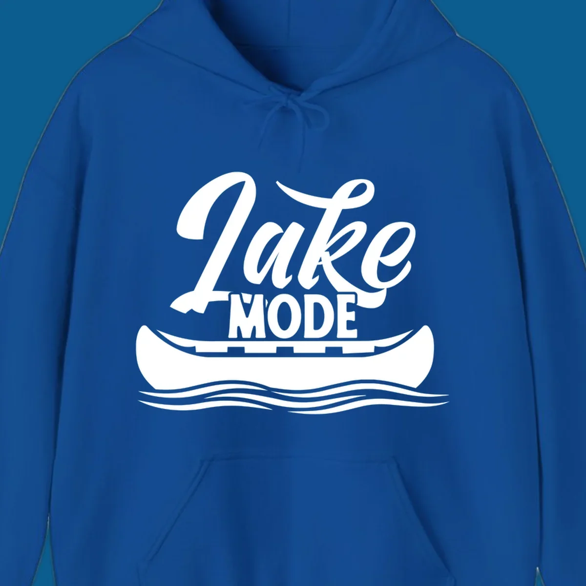 Lake Mode text with canoe and water waves graphic. lake-mode-canoe
