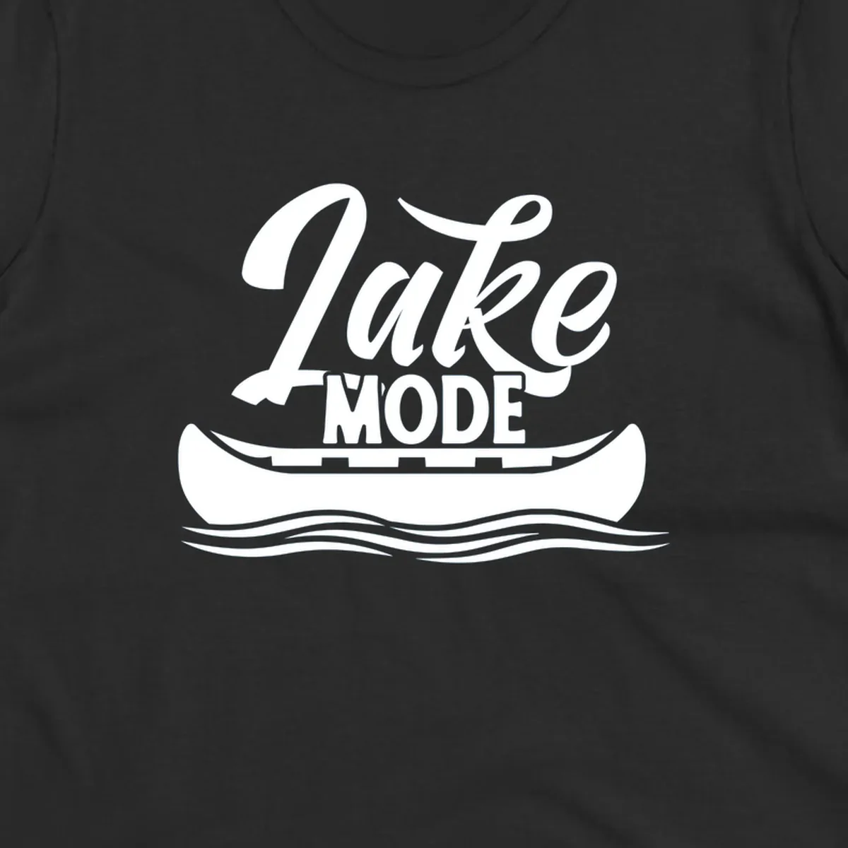 Lake Mode text with canoe and water waves graphic. lake-mode-canoe