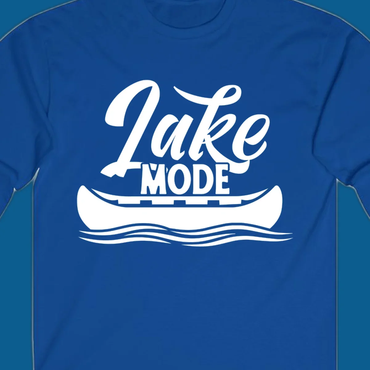 Lake Mode text with canoe and water waves graphic. lake-mode-canoe