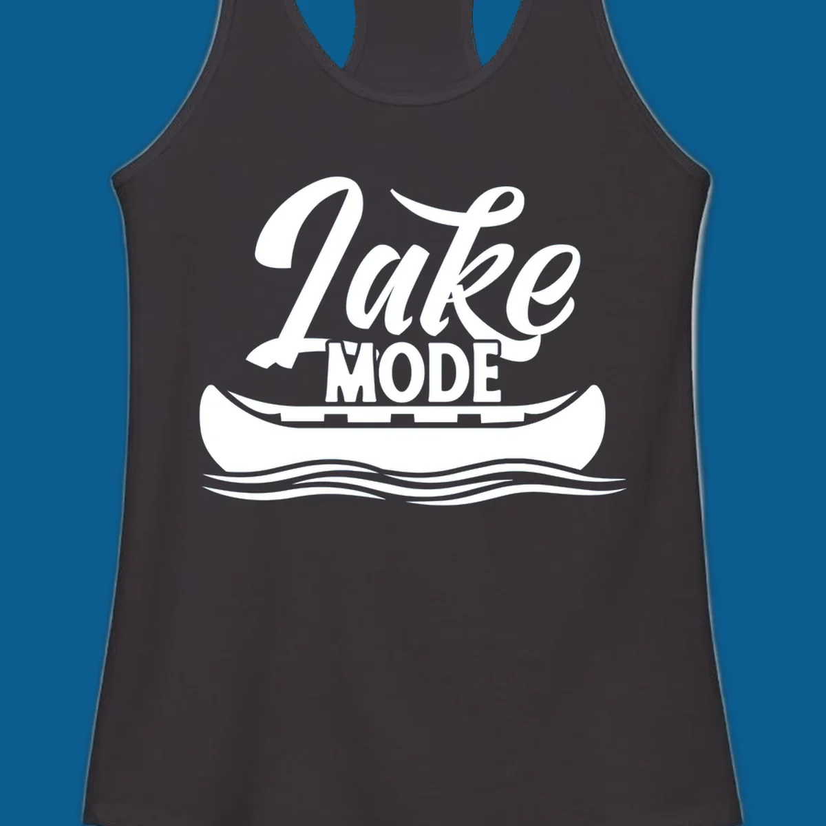 Lake Mode text with canoe and water waves graphic. lake-mode-canoe