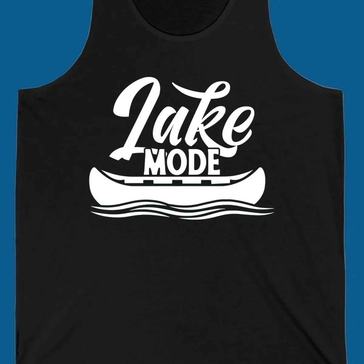 Lake Mode text with canoe and water waves graphic. lake-mode-canoe