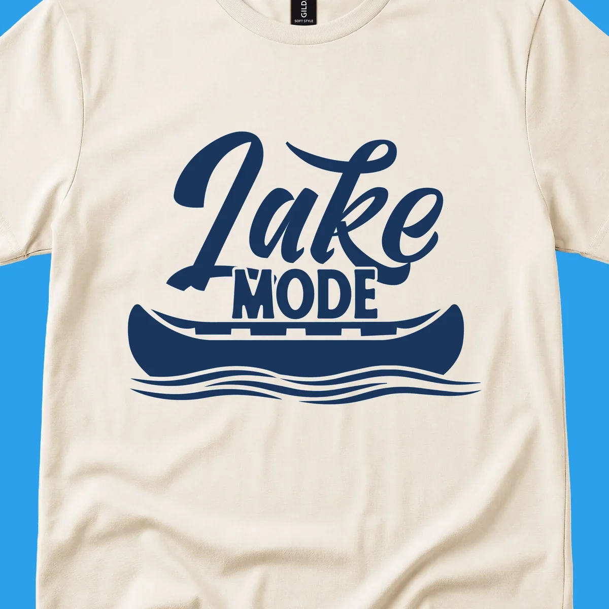 Lake Mode text with canoe and water waves graphic. lake-mode-canoe