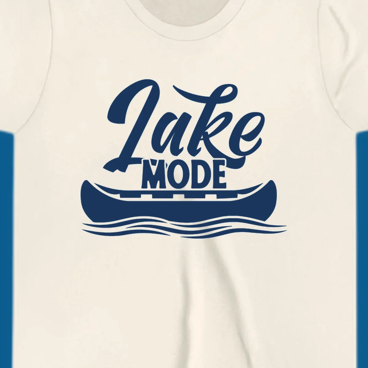 Lake Mode text with canoe and water waves graphic. lake-mode-canoe