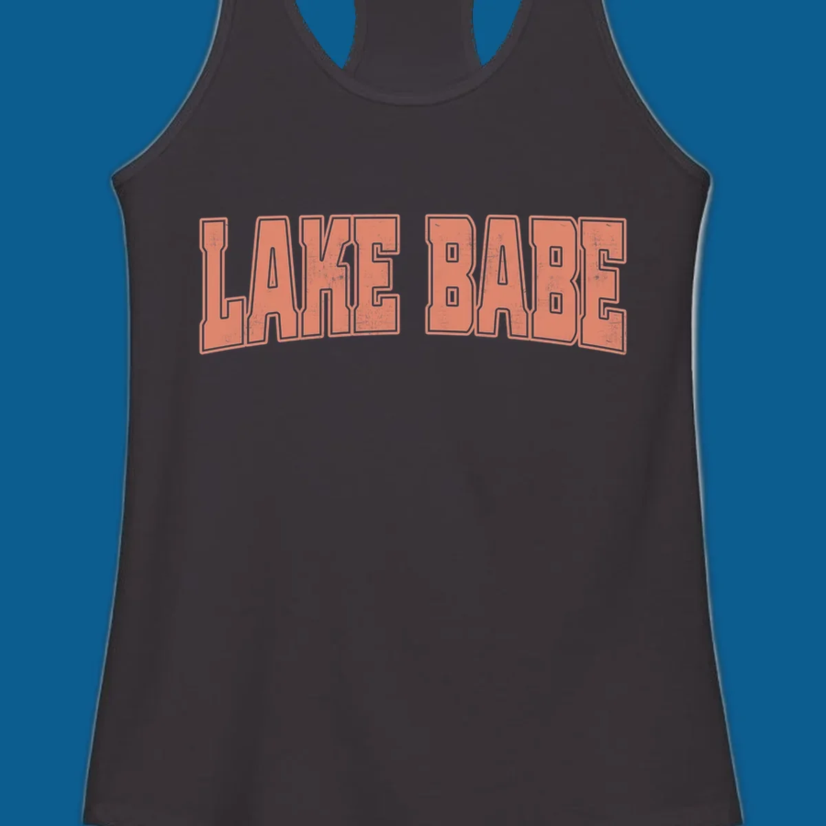 Lake Babe text in coral with distressed texture and thick outline, on black and white backgrounds.