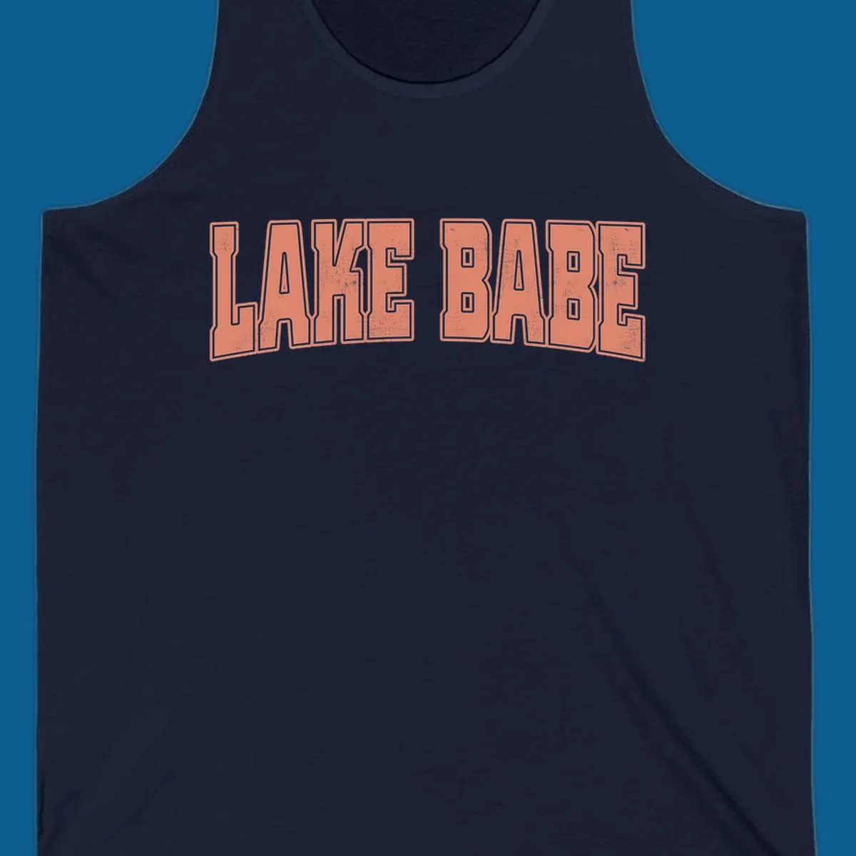 Lake Babe text in coral with distressed texture and thick outline, on black and white backgrounds.
