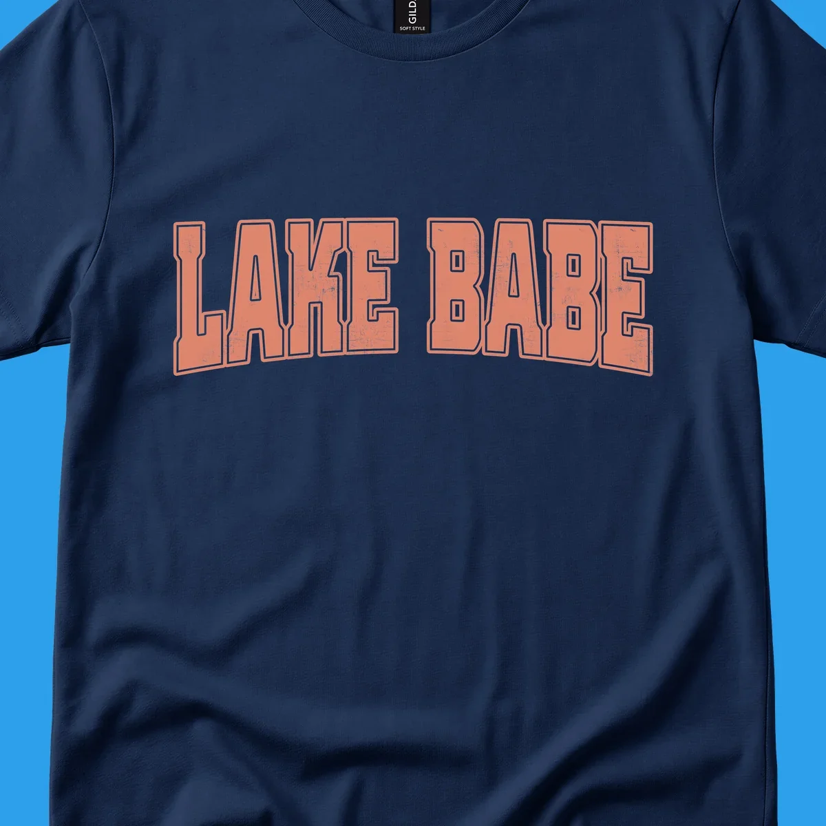 Lake Babe text in coral with distressed texture and thick outline, on black and white backgrounds.