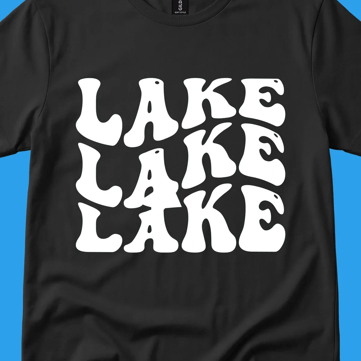 Retro wavy text design spelling LAKE in repeating rows.
